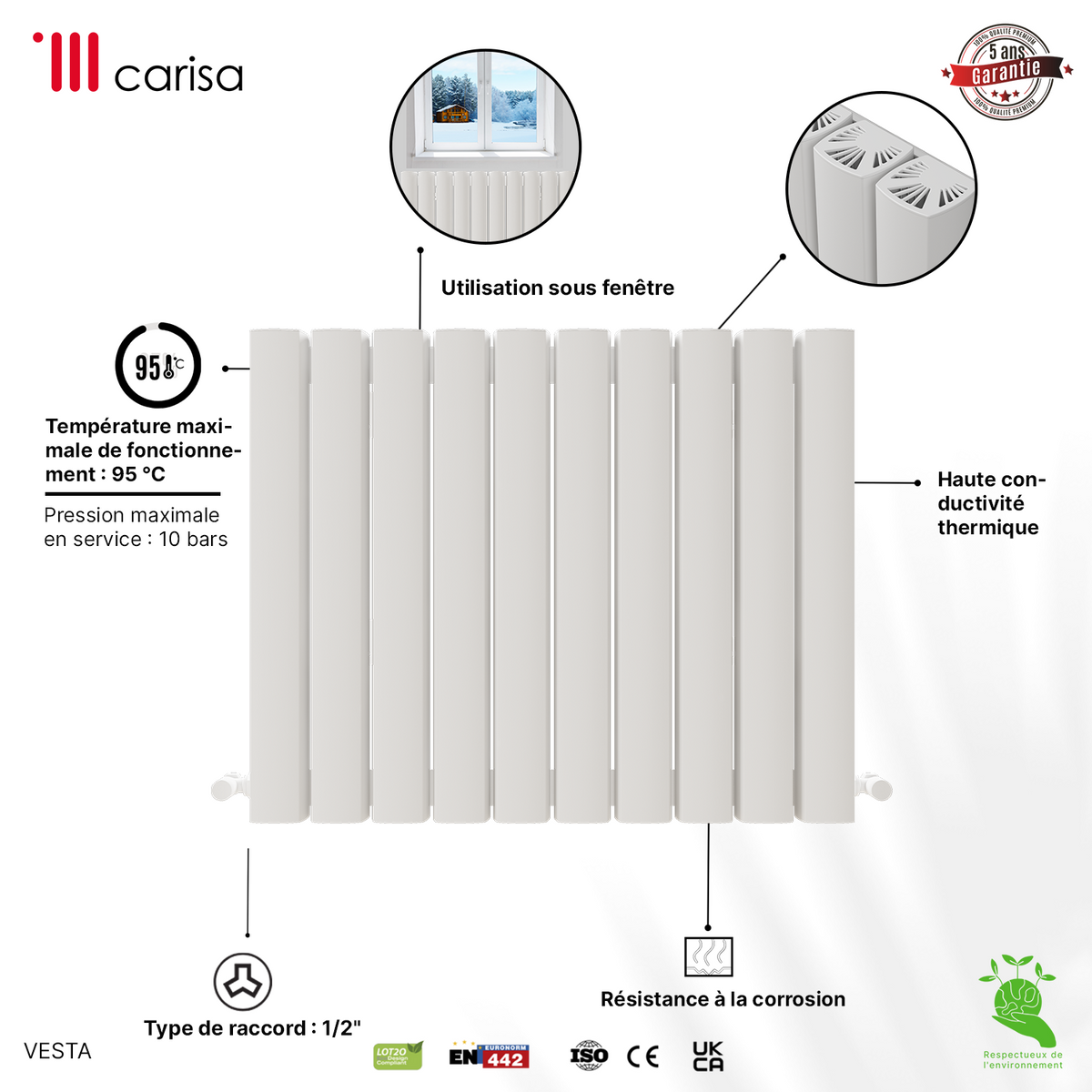 Carisa Vesta Radiateur en Aluminium Horizontal Design Moderne Blanc