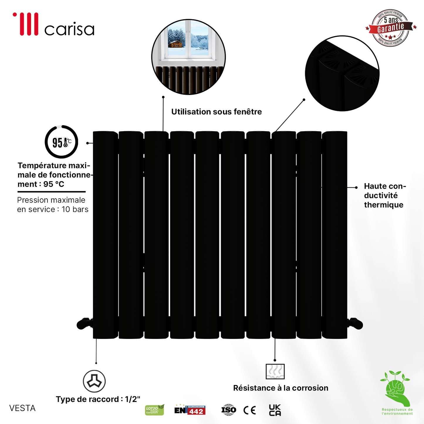 Carisa Vesta Radiateur en Aluminium Horizontal Design Moderne Noir