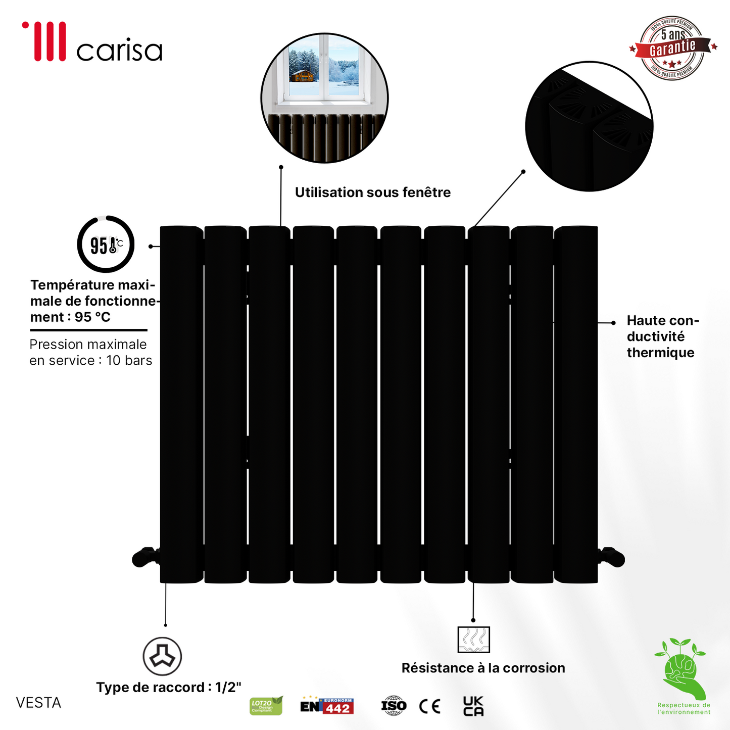 Carisa Vesta Radiateur en Aluminium Horizontal Design Moderne Noir