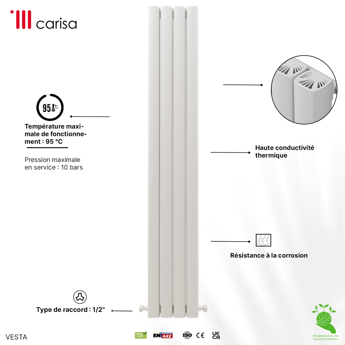 Carisa Vesta Radiateur en Aluminium Vertical Design Moderne Blanc