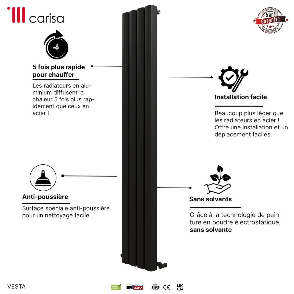 Carisa Vesta Radiateur en Aluminium Vertical Design Moderne Noir