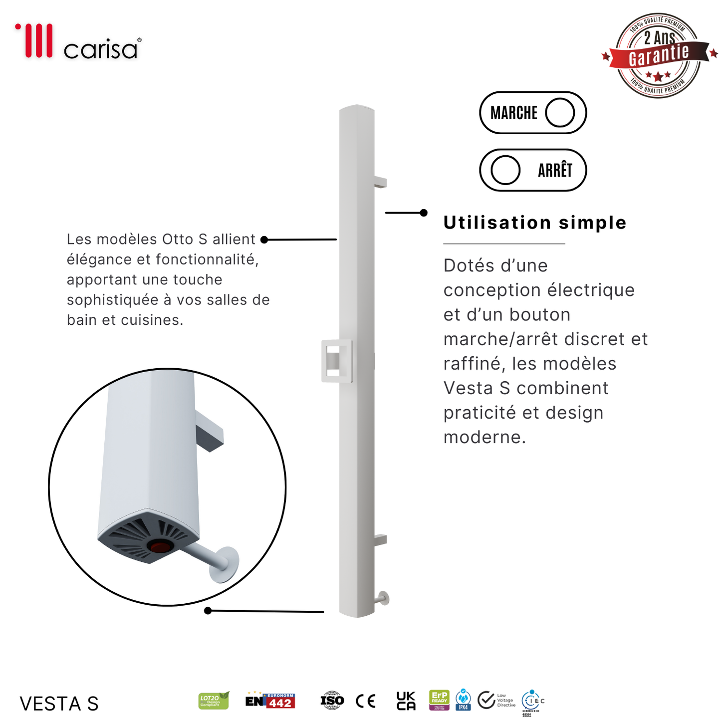 Carisa Vesta Single Sèche-Serviette Électrique Design Moderne Blanc