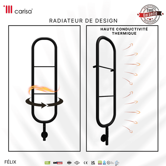 sèche-serviettes Carisa Felix en inox noir mat, radiateur de design pour salle de bain, haute conductivité thermique, garantie 2 ans