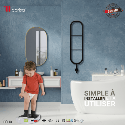 sèche-serviettes Carisa Felix électrique en inox noir mat, design contemporain salle de bain, simple à installer et à utiliser