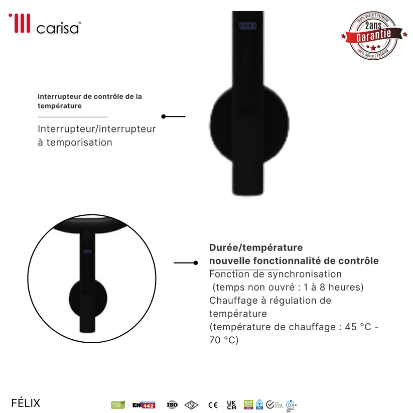sèche-serviettes Carisa Felix inox noir mat avec interrupteur température et minuterie, garantie 2 ans