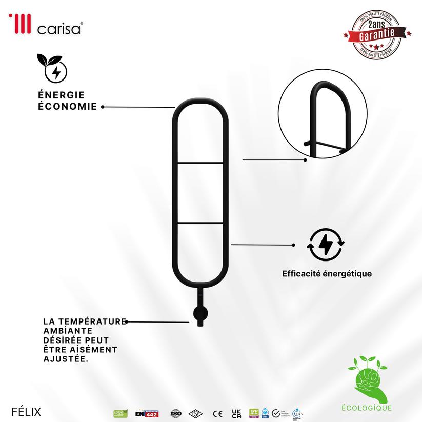 sèche-serviettes Carisa Felix électrique en inox noir mat, design contemporain, efficacité énergétique, réglage température, garantie 5 ans
