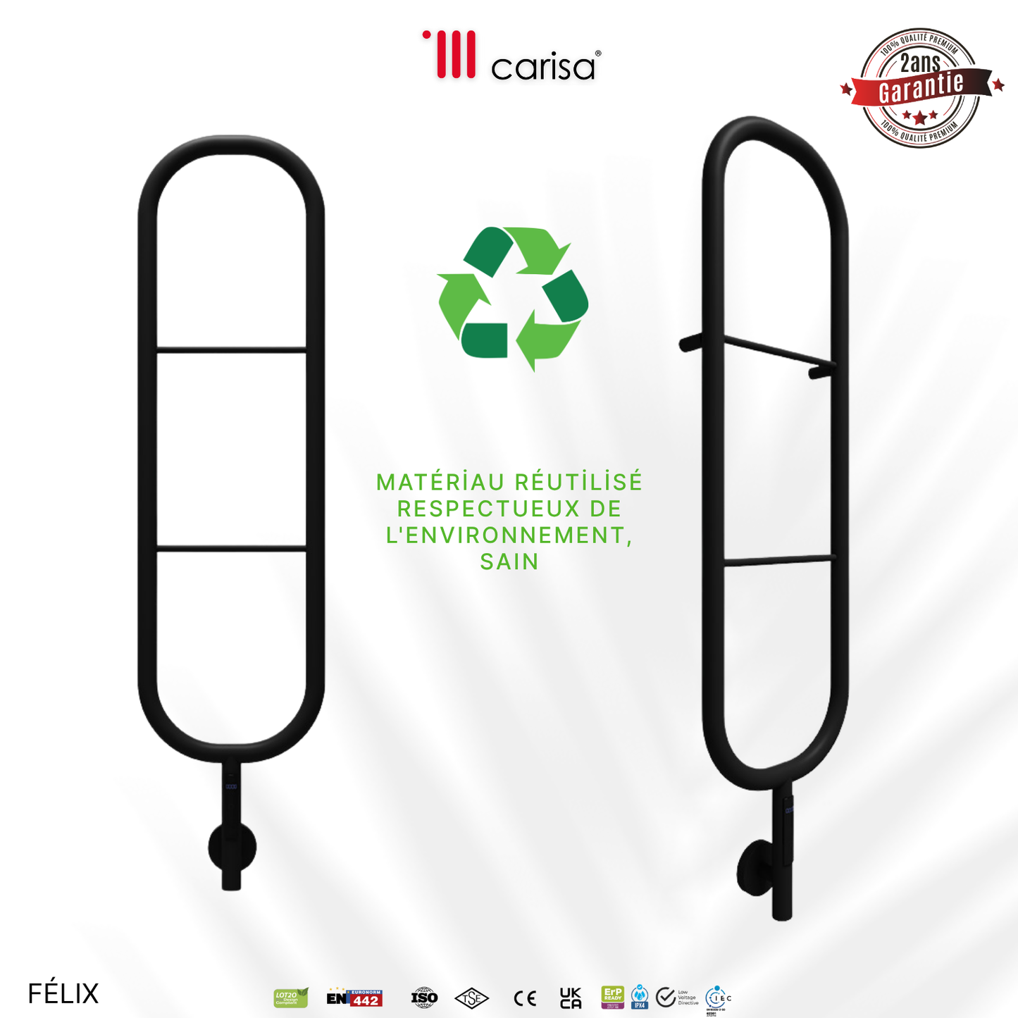 sèche-serviettes Carisa Felix électrique inox noir mat, design contemporain, 2 ans garantie, matériau réutilisé