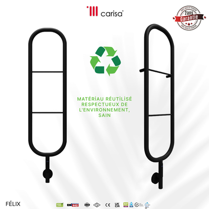 sèche-serviettes Carisa Felix électrique inox noir mat, design contemporain, 2 ans garantie, matériau réutilisé
